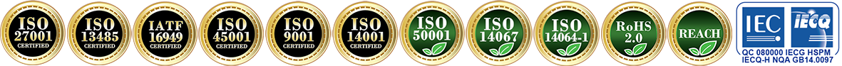 ISO 14067, ISO13485 ISO14001 ISO45001 IATF16949 ISO9001 ROHS REACH IECQ080000 ISO14064-1